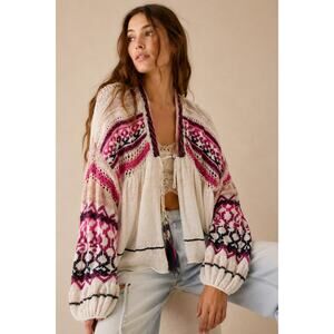 Free People Knit Cardigan Sweater Boho Pink White Bell Sleeve Festival-Small